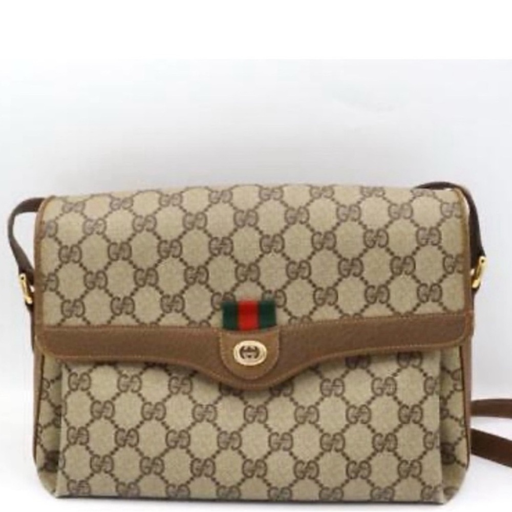 Gucci GG Canvas Crossbody Bag with Brown Trim and Red/Green Web